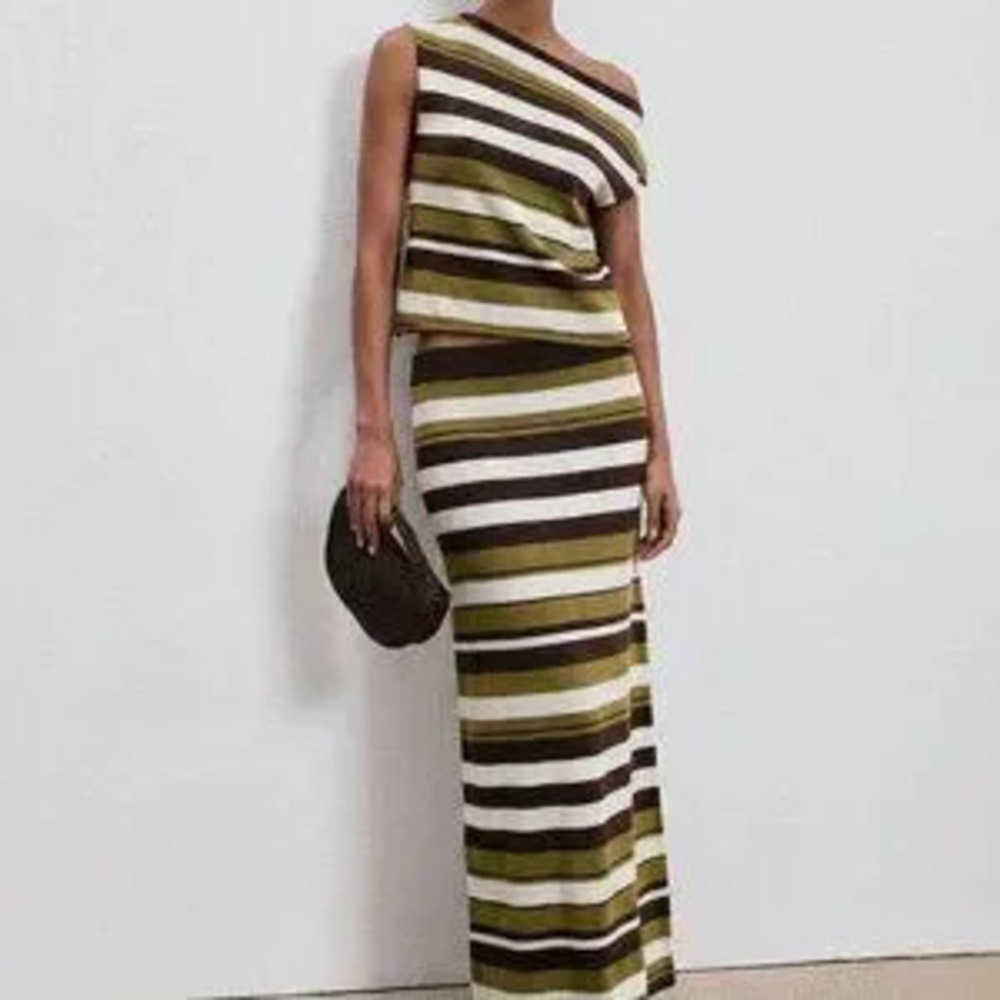 ZARA Olive Green Casual Women's Stripe Neckline Top & Skirt 2-Piece Set
